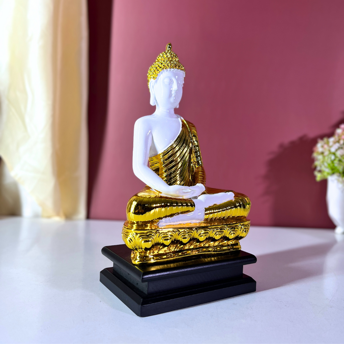 White and Gold Gautam Buddha Statue | Serene Resin Buddha Idol for Meditation & Home Decor | Feng Shui & Spiritual Wellness (27 cm)