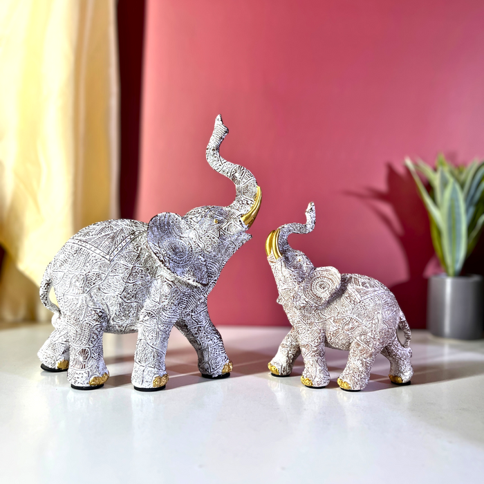 Premium White & Gold Embossed Elephant Figurine Set of 2 Polyresin Décor
