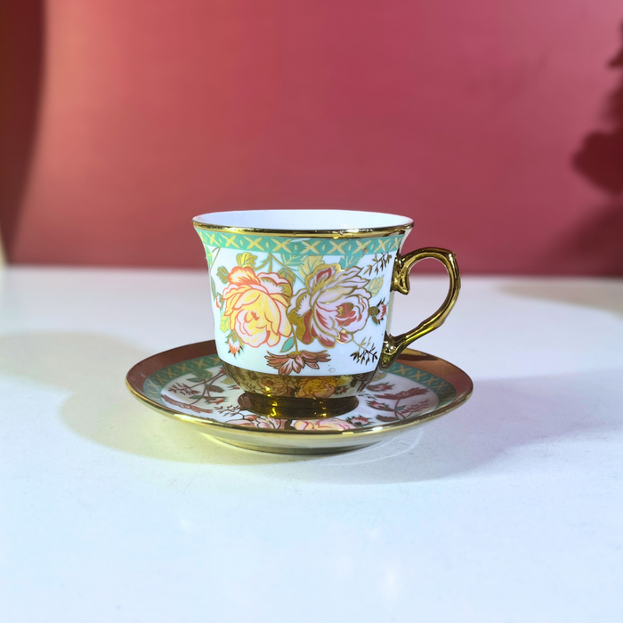 Sage Garden Mint Green Floral Ceramic Tea Cup & Saucer Set - 12 Pieces (6 Cups + 6 Saucers)