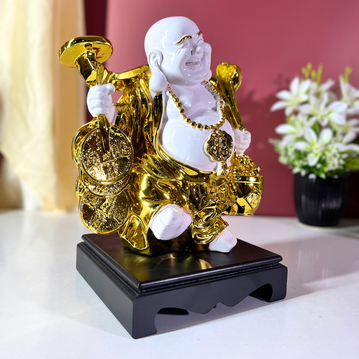 White and Gold Laughing Buddha Statue for Home & Office | Resin Feng Shui Money Buddha | Brings Wealth, Joy & Good Fortune (31cm)
