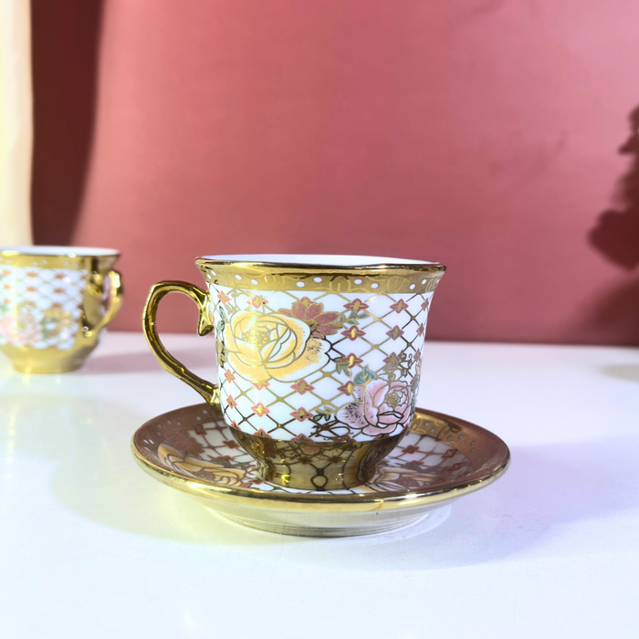Regal Diamond Lattice Gold & White Ceramic Tea Cup & Saucer Set - 12 Pieces (6 Cups + 6 Saucers)