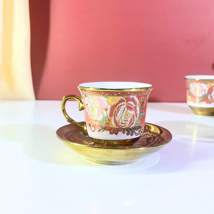 Blush Blossom Pink & Gold Ceramic Tea Cup & Saucer Set (12-Piece)