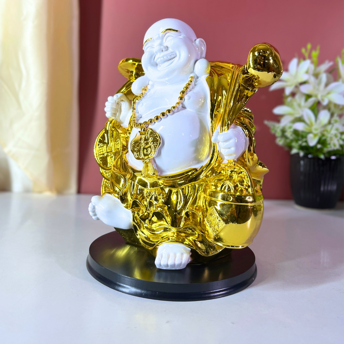 Premium Resin Laughing Buddha Statue - 28cm Golden Feng Shui Home Decor Showpiece