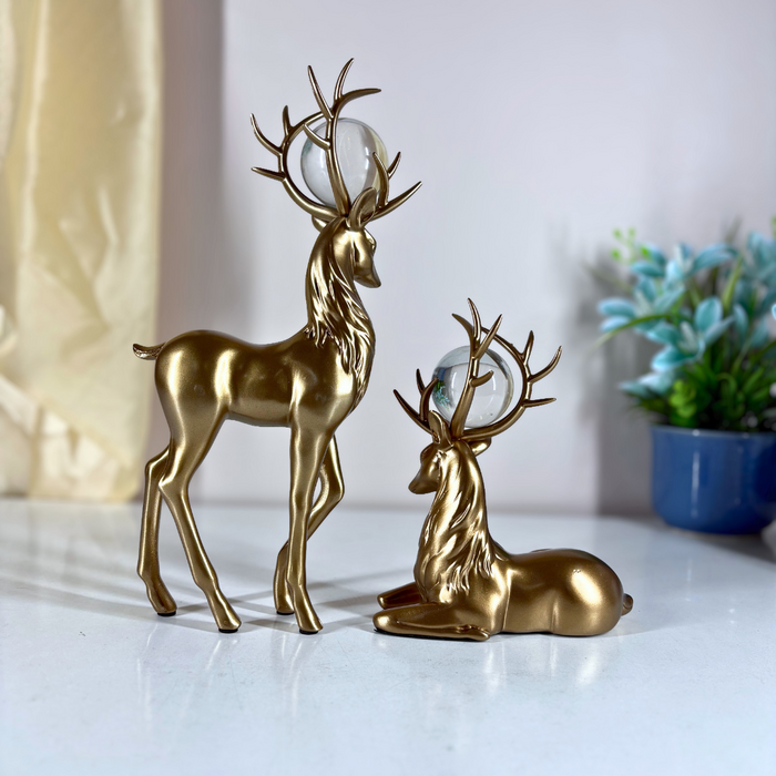 Gold Finish Crystal-Horn Deer Figurine Set of 2