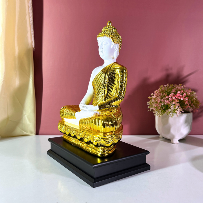 Gautam Buddha Resin Statue – 41 cm White & Gold Feng Shui Home Decor Showpiece