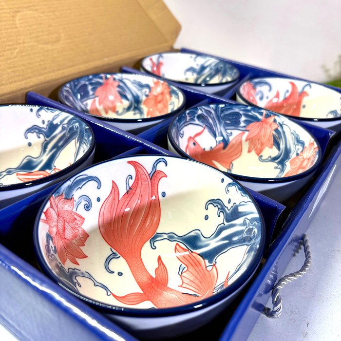 Chinoiserie Blue & White Ceramic Bowl Set of 6 – Hand-Painted Floral Collection