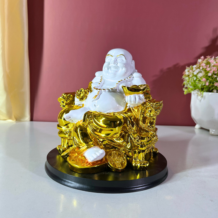 Premium 20 cm Resin Laughing Buddha Statue – Gold & White Feng Shui Home Decor Showpiece