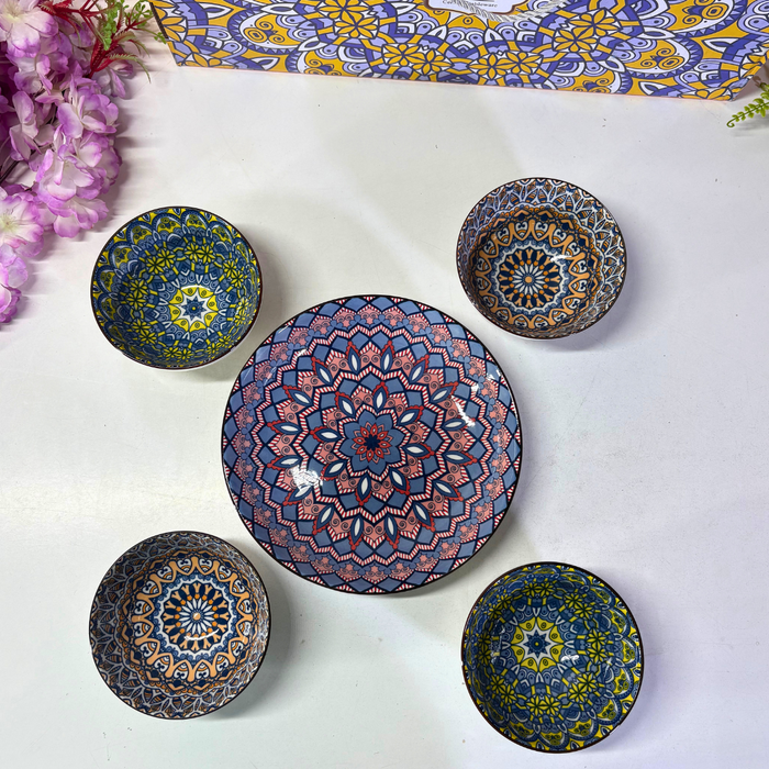 Boho Mandala Ceramic Bowl & Plate Set (4 Bowls + 1 Plate) – Geometric Dinnerware Collection
