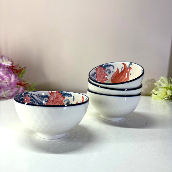 Japanese Koi Lotus Ceramic Bowl Set (4 Pieces) – Traditional Oriental Serving Collection