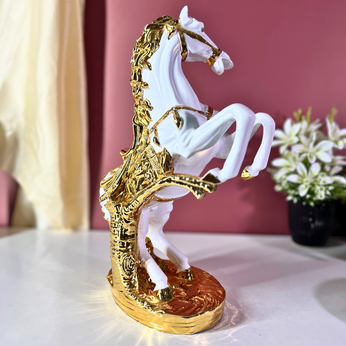 Premium Royal White Gold Horse Statue Crystal Saddle Polyresin