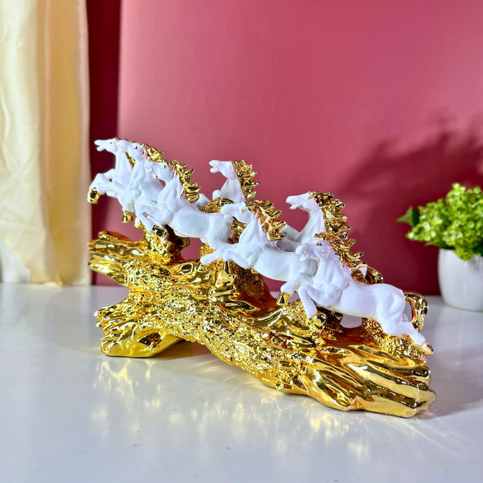 7 Running Horses Statue White Gold Polyresin
