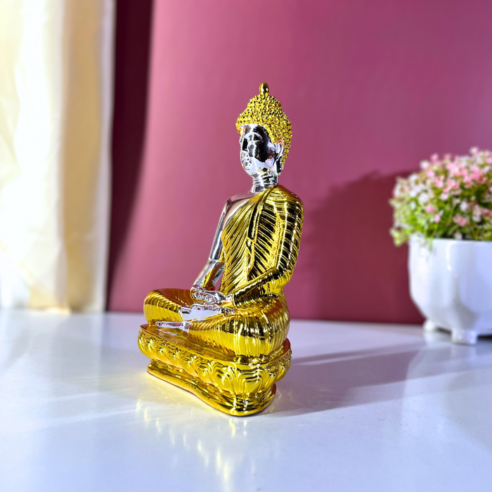 Silver and Gold Gautam Buddha Statue | Elegant Resin Buddha Idol for Meditation Altar | Vastu Decor for Home & Office (23 cm)