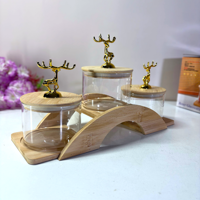 Golden Deer Crystal Glass Storage Set with Wooden Stand – The Decor Paradise