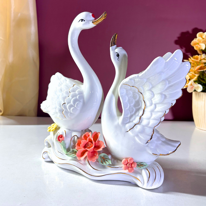 Enchanted Swan Romance Ceramic Figurine Set – Luxe Love Showpiece by The Decor Paradise