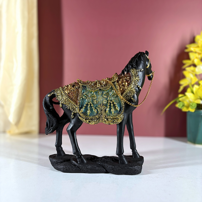 Midnight Regal Rajasthani Horse –  Polyresin Décor by The Decor Paradise