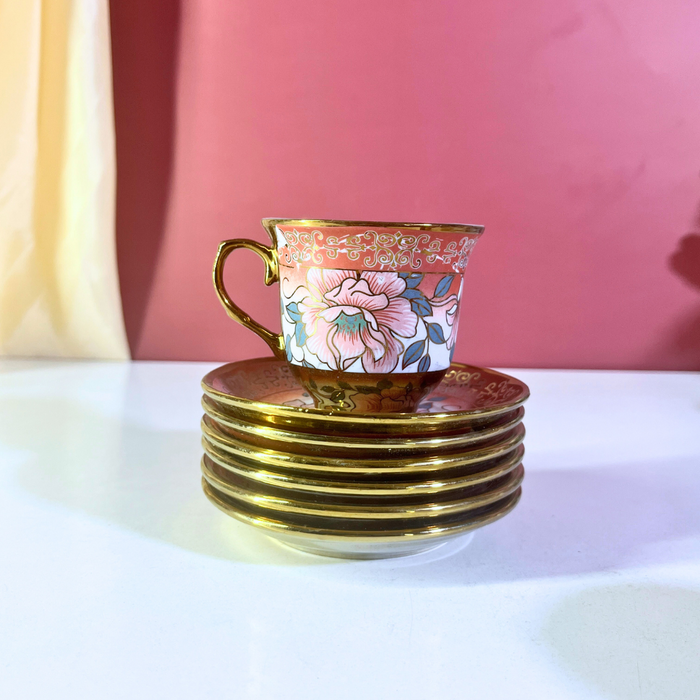 Coral Blossom Gold-Trim Ceramic Tea Cup & Saucer Set – 12 Pieces