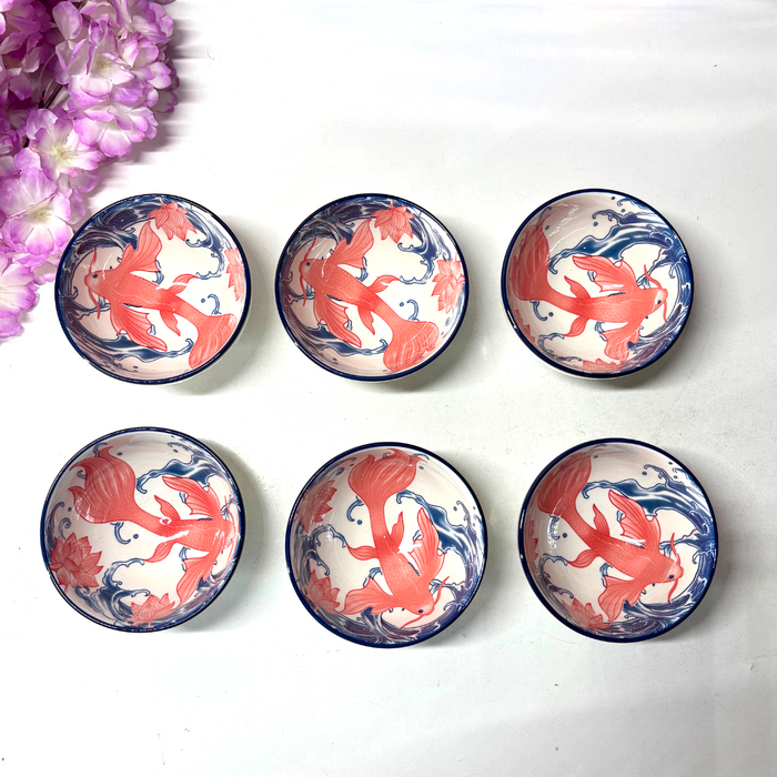 Chinoiserie Blue & White Ceramic Bowl Set of 6 – Hand-Painted Floral Collection