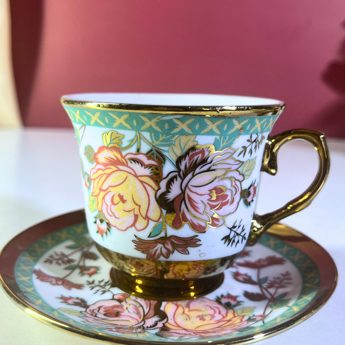 Sage Garden Mint Green Floral Ceramic Tea Cup & Saucer Set - 12 Pieces (6 Cups + 6 Saucers)