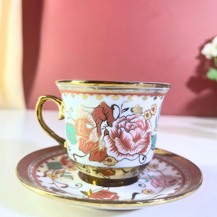 Mint Rose Gold-Trim Ceramic Tea Cup & Saucer Set – 12-Piece Collection