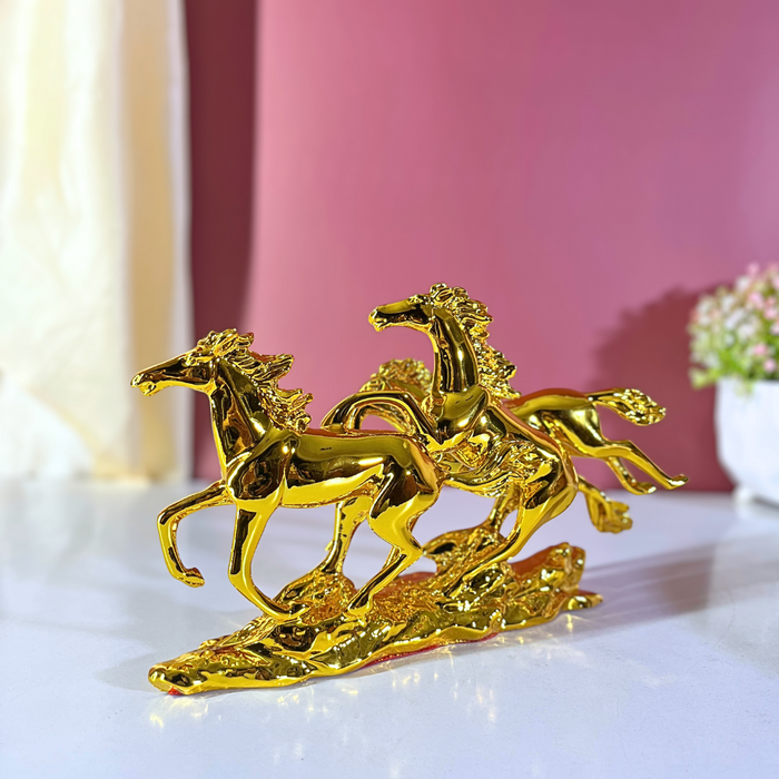 Gold Finish Three Running Horses Statue | Resin Horse Figurine for Home & Office | Vastu Symbol for Success, Speed & Wealth (31 cm Length