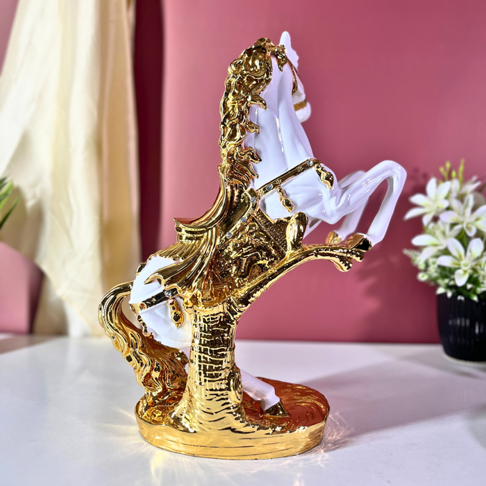 Premium Royal White Gold Horse Statue Crystal Saddle Polyresin