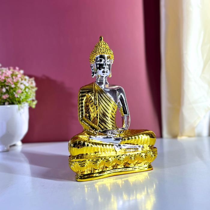 Silver and Gold Gautam Buddha Statue | Elegant Resin Buddha Idol for Meditation Altar | Vastu Decor for Home & Office (23 cm)