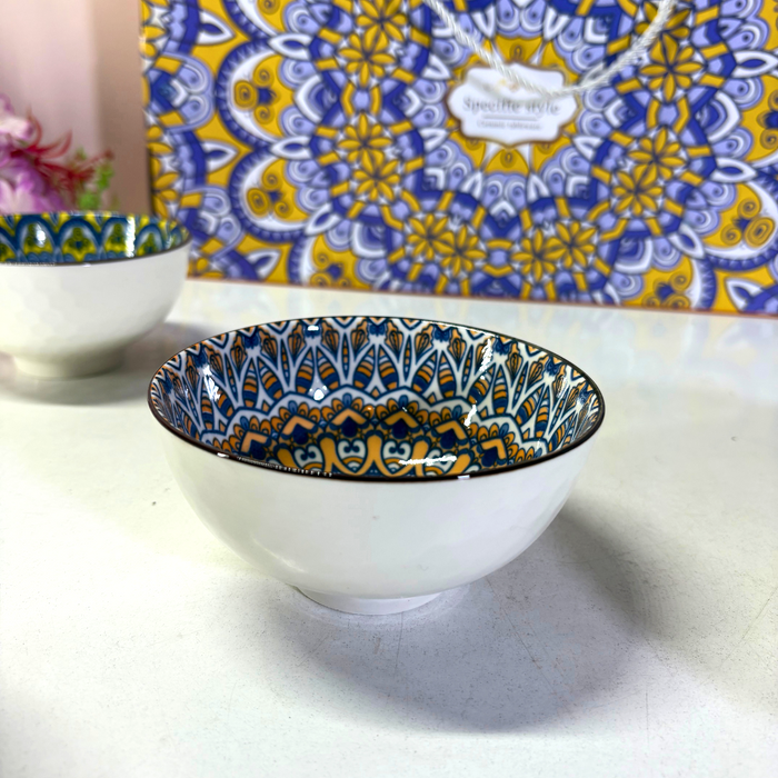 Boho Mandala Ceramic Bowl & Plate Set (4 Bowls + 1 Plate) – Geometric Dinnerware Collection