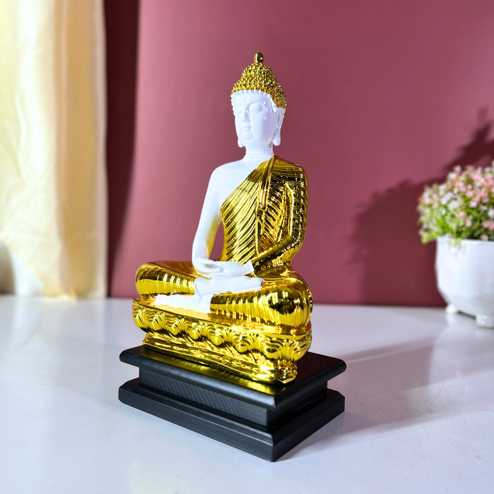 White and Gold Gautam Buddha Statue | Serene Resin Buddha Idol for Meditation & Home Decor | Feng Shui & Spiritual Wellness (27 cm)