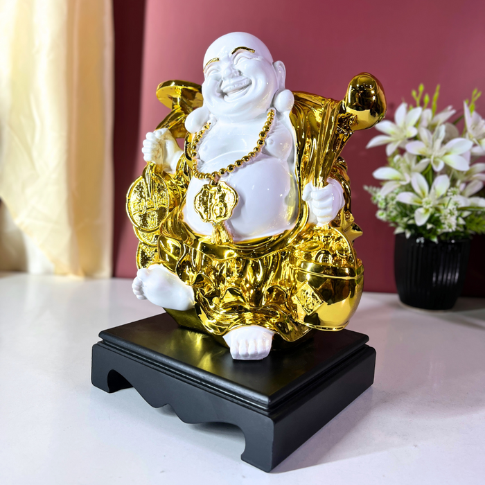 White and Gold Laughing Buddha Statue for Home & Office | Resin Feng Shui Money Buddha | Brings Wealth, Joy & Good Fortune (31cm)