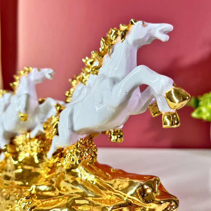 7 Running Horses Statue White Gold Polyresin