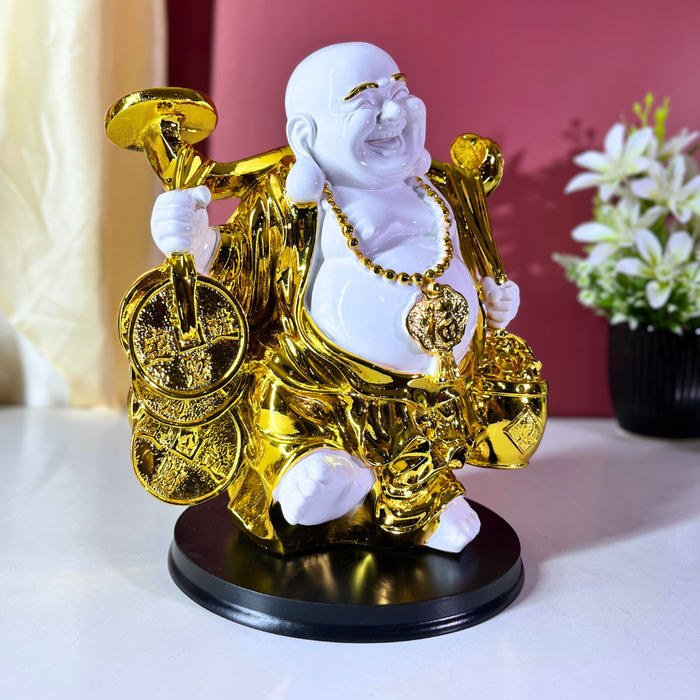 Premium Resin Laughing Buddha Statue - 28cm Golden Feng Shui Home Decor Showpiece