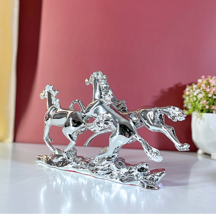 Silver Stallion Trio: Silver Running Horses Sculpture-Modern Indian Home Décor | Decor Paradise