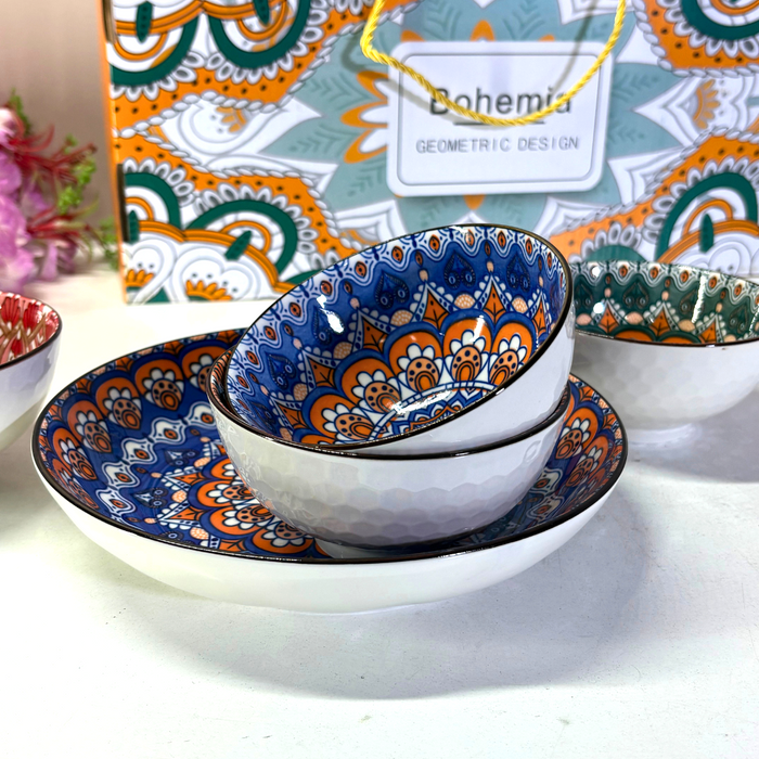 Bohemian Mandala Ceramic Bowl & Plate Set (5 Pieces) – Geometric Pattern Serving Collection