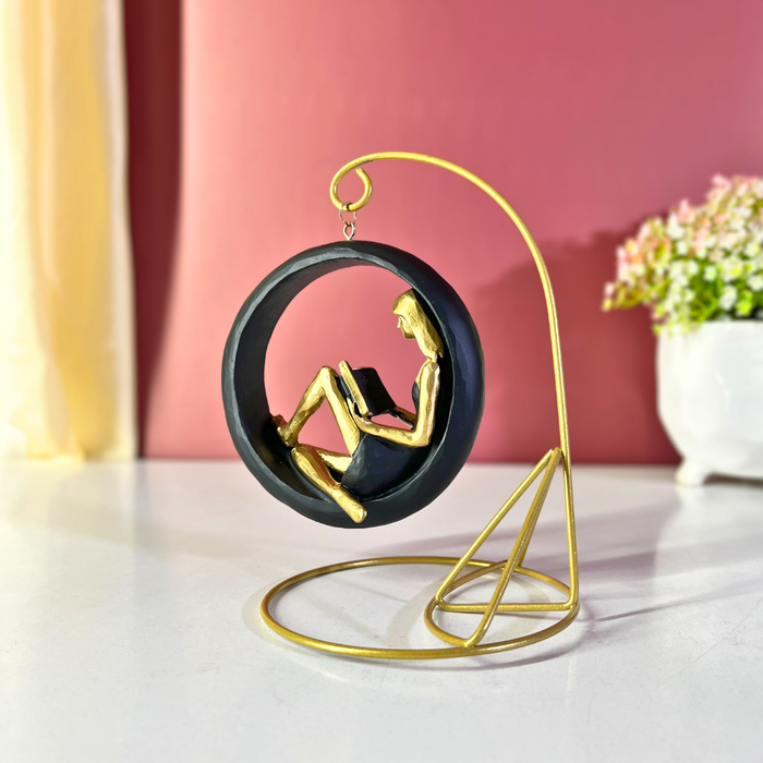 Blue & Gold Hanging Reading Girl Figurine Polyresin