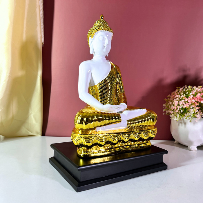Gautam Buddha Resin Statue – 41 cm White & Gold Feng Shui Home Decor Showpiece