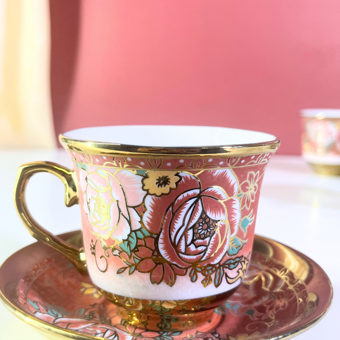 Blush Blossom Pink & Gold Ceramic Tea Cup & Saucer Set (12-Piece)