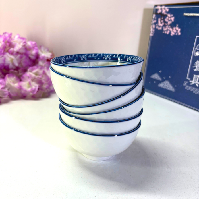 Chinoiserie Blue & White Ceramic Bowl Set (6 Pieces) – Traditional Floral Hand-Painted Collection