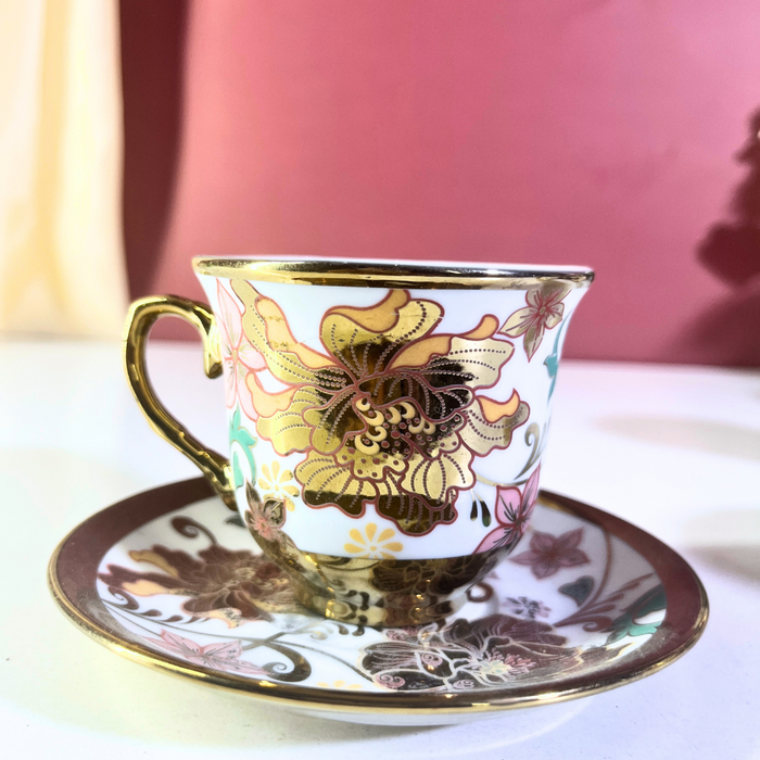 Floral Elegance Gold-Trim Ceramic Tea Cup & Saucer Set – 12 Pieces