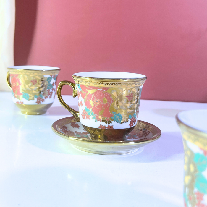 Coral Luxe Floral Gold-Trim Ceramic Tea Cup & Saucer Set – 12 Pieces