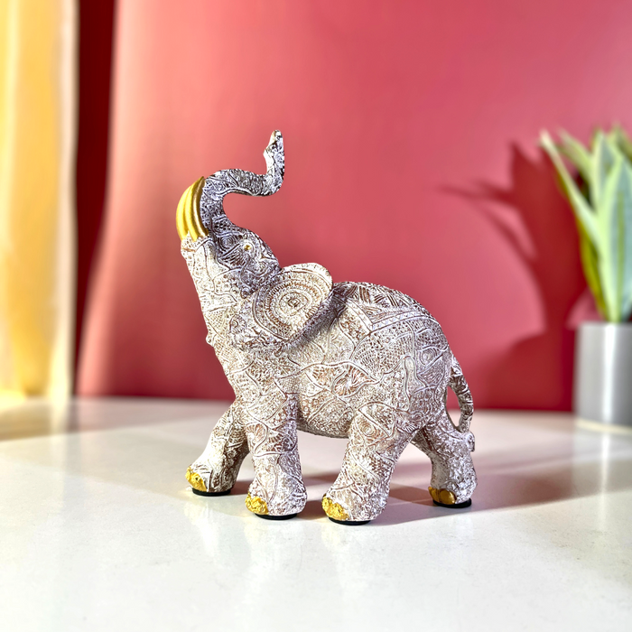 Premium White & Gold Embossed Elephant Figurine Set of 2 Polyresin Décor