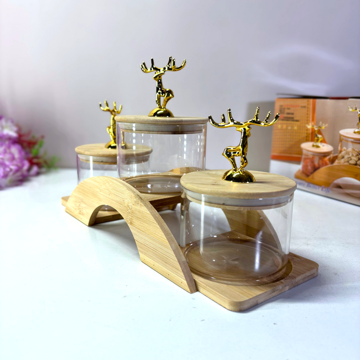 Golden Deer Crystal Glass Storage Set with Wooden Stand – The Decor Paradise