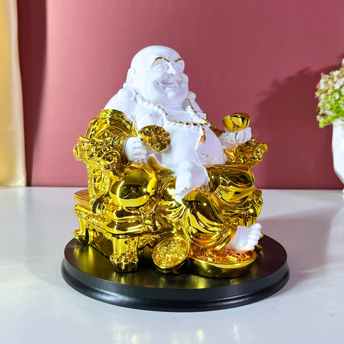 Premium 20 cm Resin Laughing Buddha Statue – Gold & White Feng Shui Home Decor Showpiece