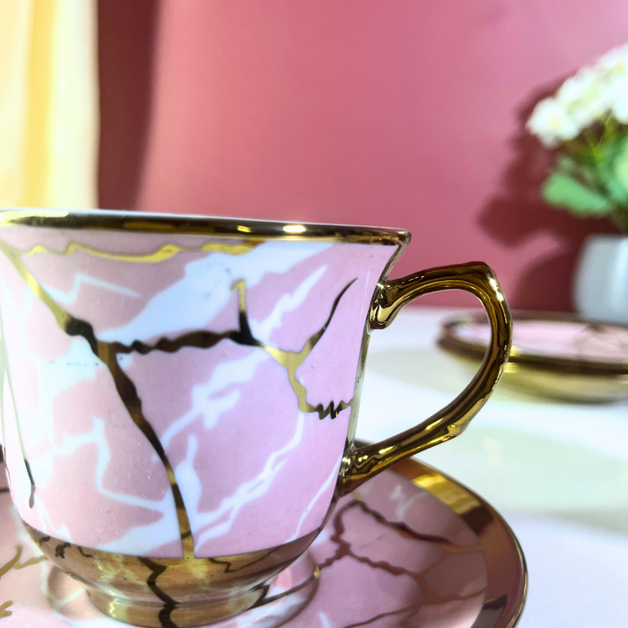 Luxe Pink Marble Ceramic Tea Cup & Saucer Set of 12 Pieces (6 Cups + 6 Saucers) with Gold Rim & Handle