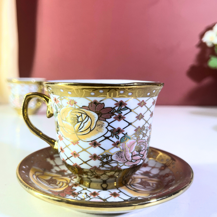 Regal Diamond Lattice Gold & White Ceramic Tea Cup & Saucer Set - 12 Pieces (6 Cups + 6 Saucers)
