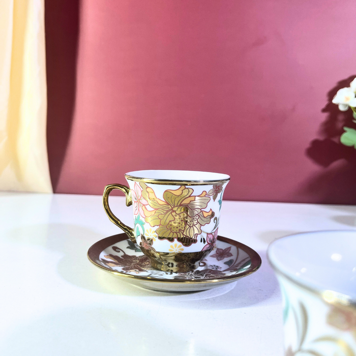 Floral Elegance Gold-Trim Ceramic Tea Cup & Saucer Set – 12 Pieces