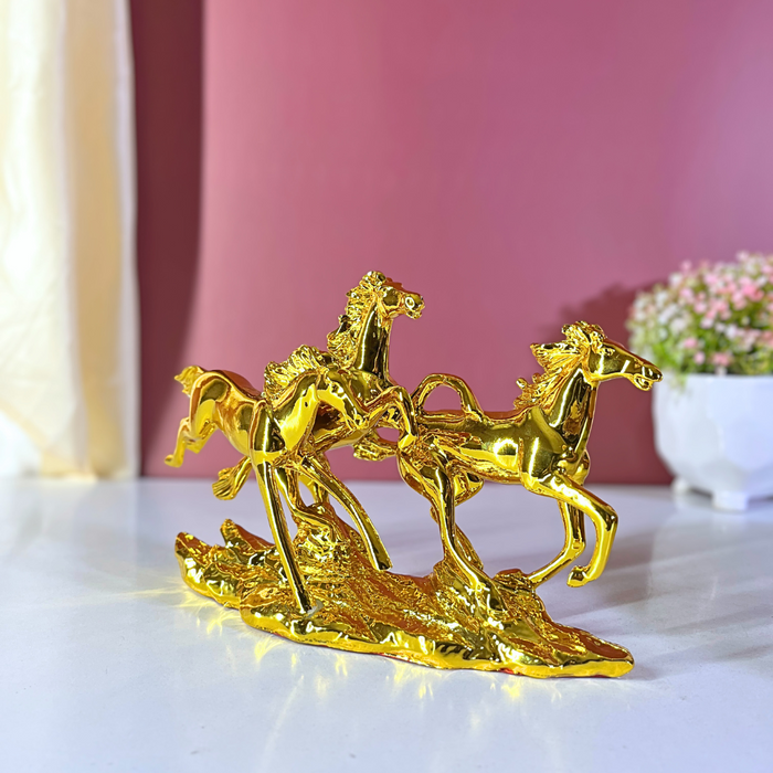 Gold Finish Three Running Horses Statue | Resin Horse Figurine for Home & Office | Vastu Symbol for Success, Speed & Wealth (31 cm Length