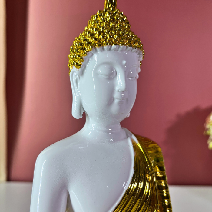 White and Gold Gautam Buddha Statue | Serene Resin Buddha Idol for Meditation & Home Decor | Feng Shui & Spiritual Wellness (27 cm)