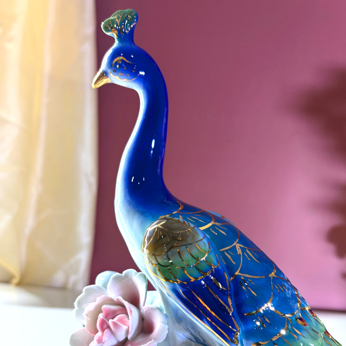 Celestial Blue Ceramic Peacock Sculpture – Premium Art Décor by The Decor Paradise