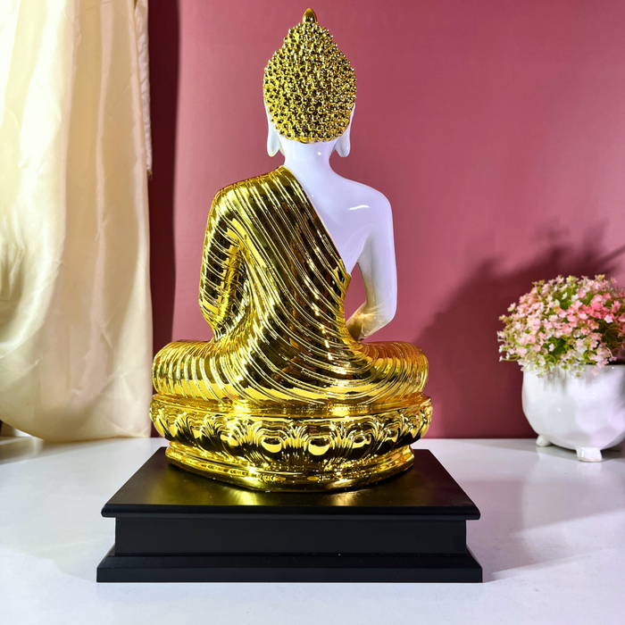Gautam Buddha Resin Statue – 41 cm White & Gold Feng Shui Home Decor Showpiece
