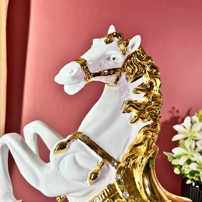 Premium Royal White Gold Horse Statue Crystal Saddle Polyresin